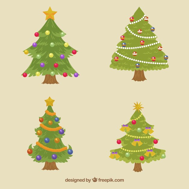 Set of christmas trees with pretty ornaments