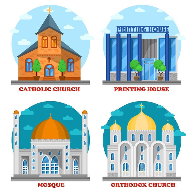 Free Vector set of church buildings and printing house facade