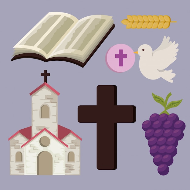 Free Vector set church with bibble and cross to first communion