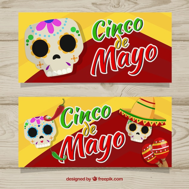 Set of cinco de mayo banners with colorful skulls