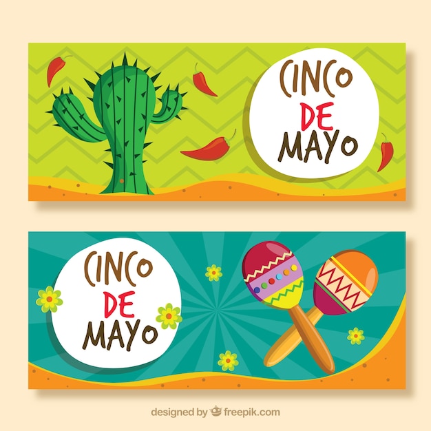 Set of cinco de mayo banners with traditional mexican elements 