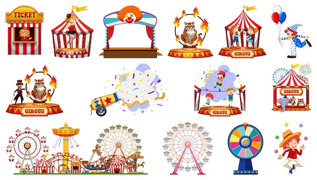 Set of circus characters and amusement park elements