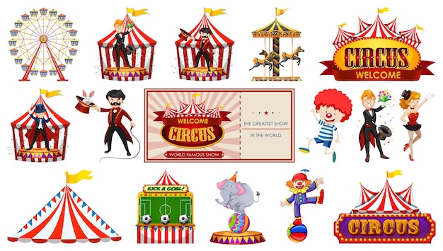 Free Vector set of circus characters and amusement park elements