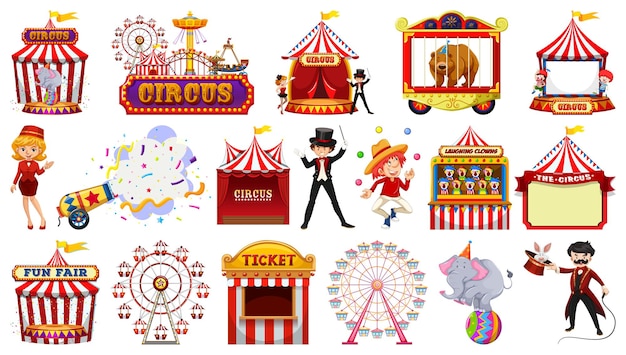 Set of circus characters and amusement park elements