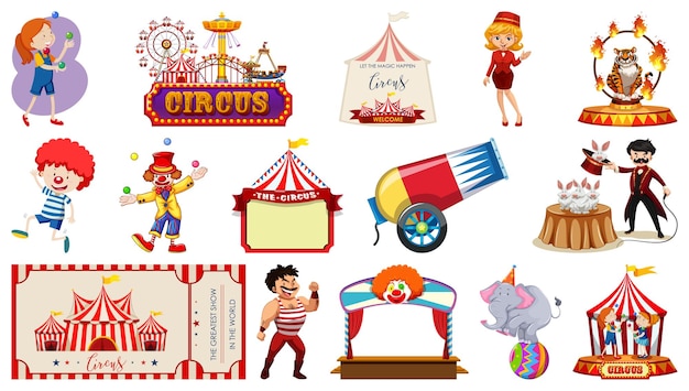 Free Vector set of circus characters and amusement park elements