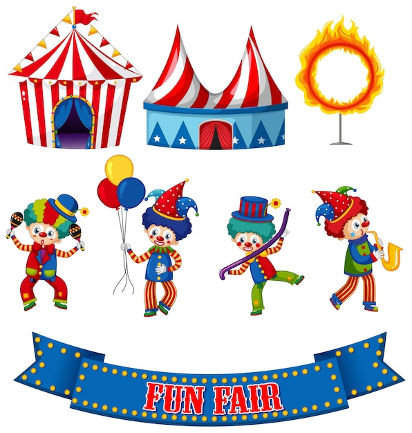 Set of circus clowns and tents