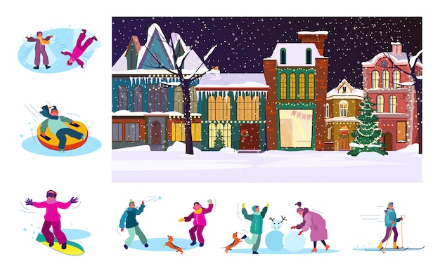 Free vector set of citizens playing at winter