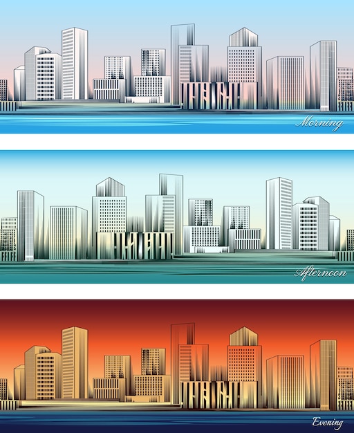 Free Vector set of city skylines in morning, afternoon and evening backgrounds seamless.