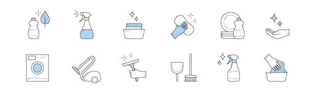 Set of cleaning and household doodle icons signs