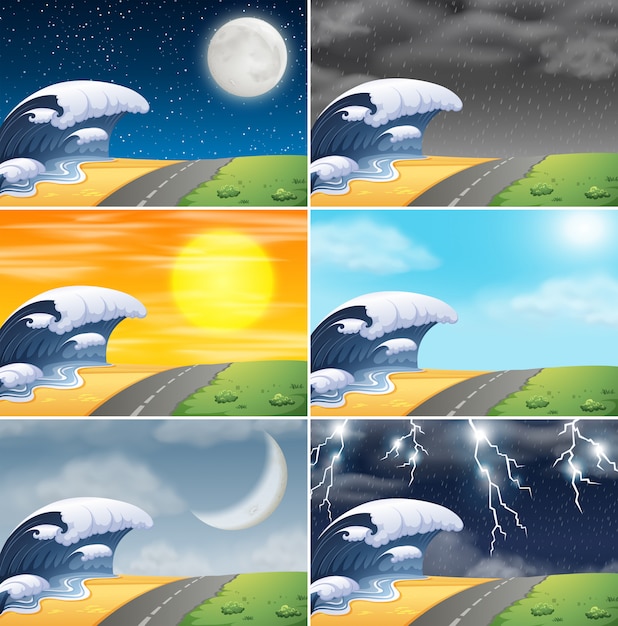 Free Vector set of coast scene illustration