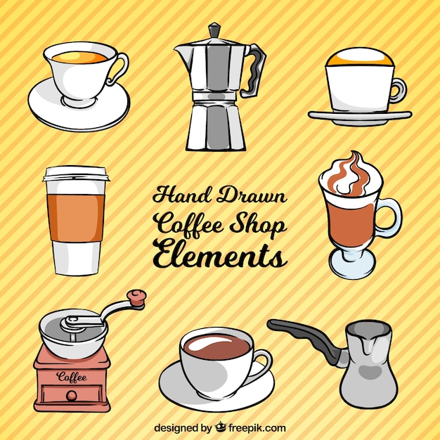 Free vector set of coffee and hand-drawn coffee accessories