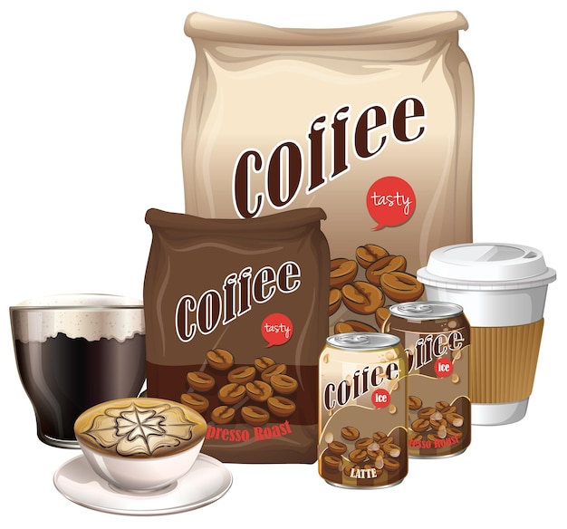 Set of coffee products on white background