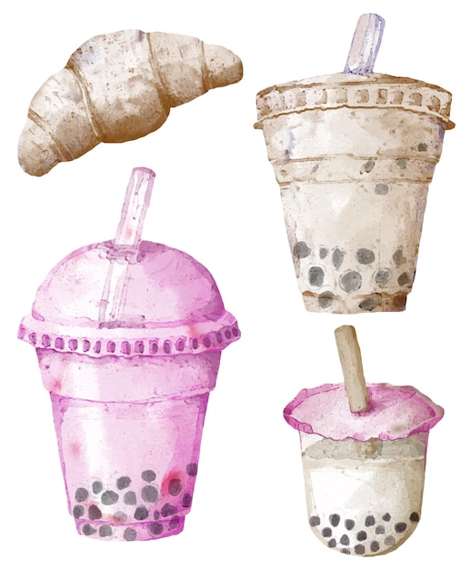 Free Vector set of cold beverages for cafeteria and restaurant menu in glass and plastic cup