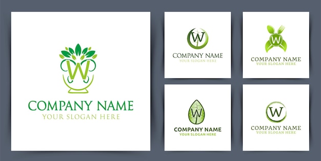 Set collection initial letter w monogram logo with leaf bowl seed logo design vector illustration