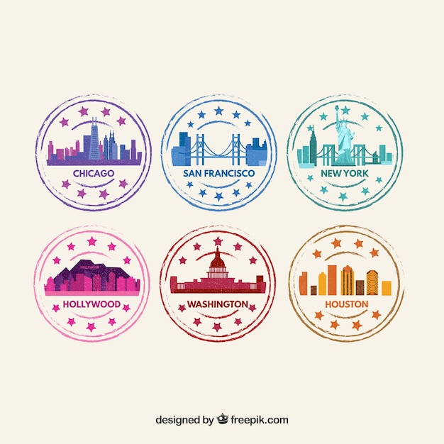 Free Vector set of colored city stamps in flat design