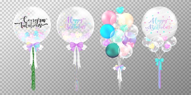 Set of colorful birthday balloons on transparent background.