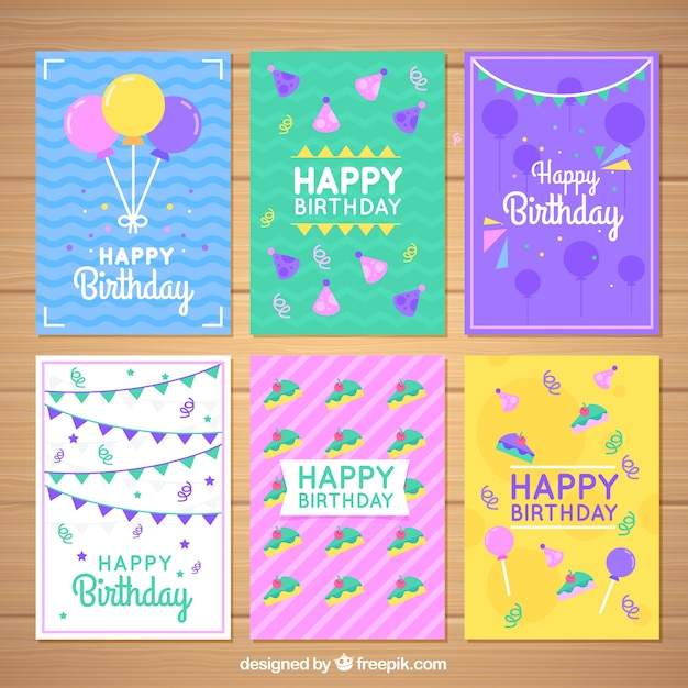 Set of colorful birthday cards in flat design