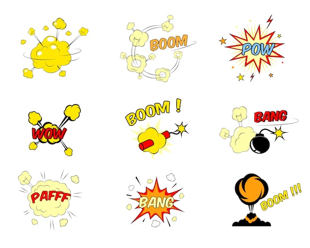 Set of colorful bright red and yellow comic cartoon text explosions depicting a boom