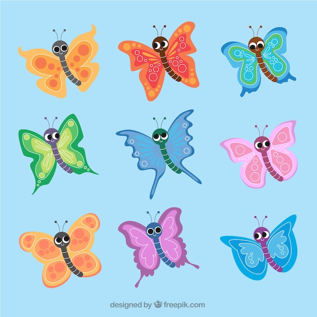 Set of colorful butterflies in childish style