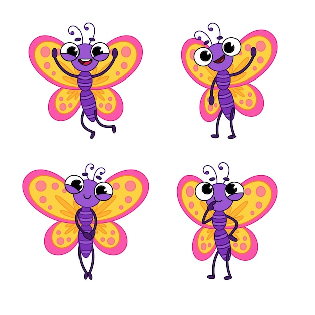 Free vector set of colorful cartoon butterfly character in different actions