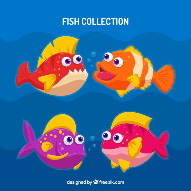 Set of colorful fishes in flat style