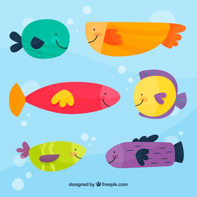 Set of colorful fishes in hand drawn style