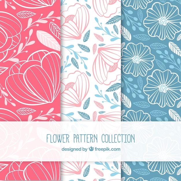 Free Vector set of colorful flower patterns in hand drawn style