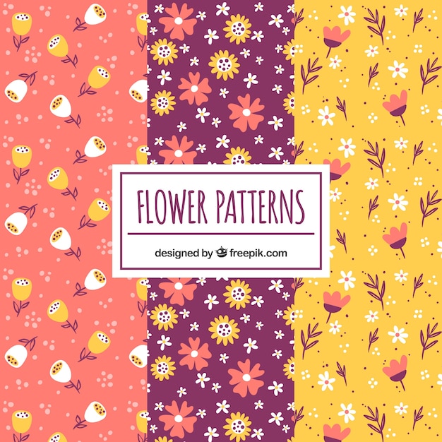 Set of colorful flower patterns in hand drawn style