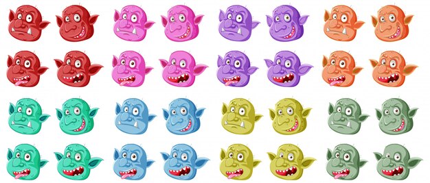 Set of colorful goblin or troll face in different expressions in cartoon style isolated