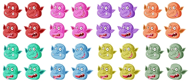 Set of colorful goblin or troll face in different expressions in cartoon style isolated