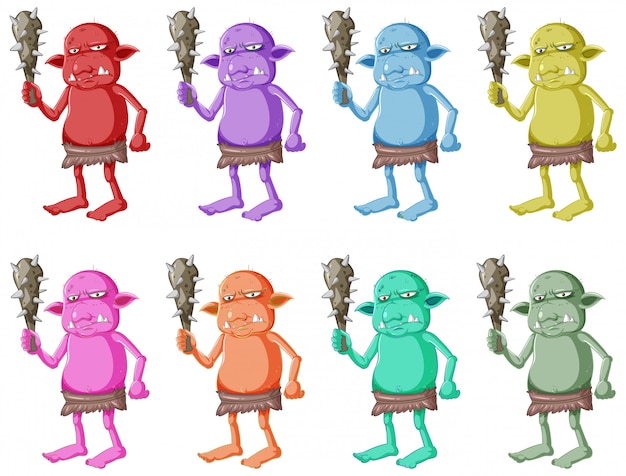 Set of colorful goblin or troll holding hunting tool with angry face in cartoon character isolated