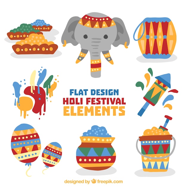 Free Vector set of colorful holi festival elements in flat design