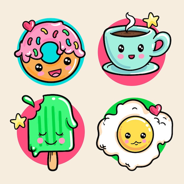 Free Vector set of colorful kawaii food