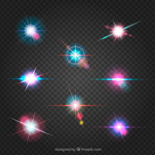 Free Vector set of colorful lens flare with realistic style