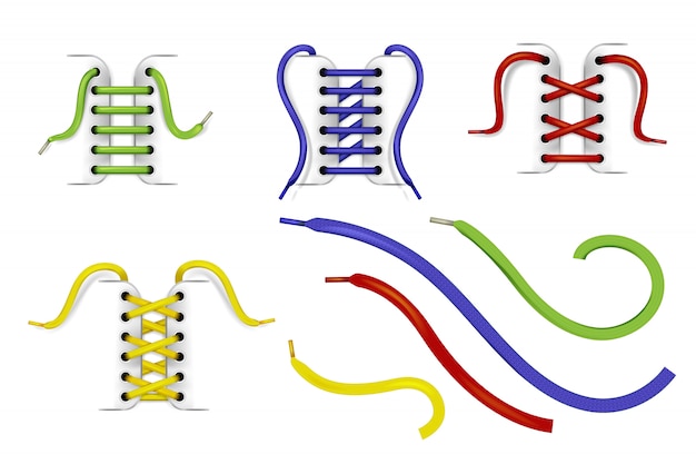 Set of colorful shoelaces untied and laced in holes with various methods or techniques