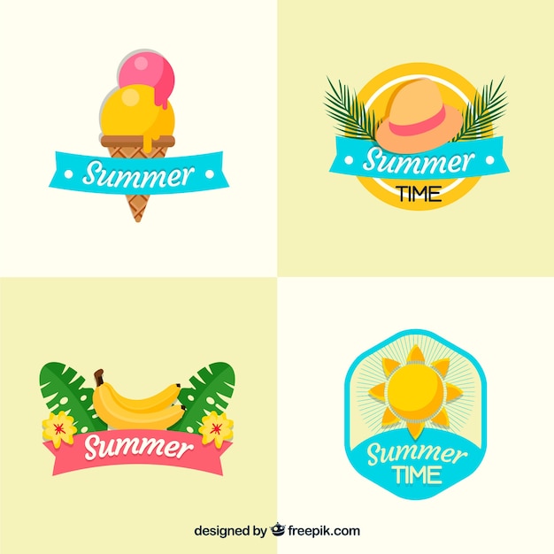 Free Vector set of colorful summer badges with beach elements in flat style