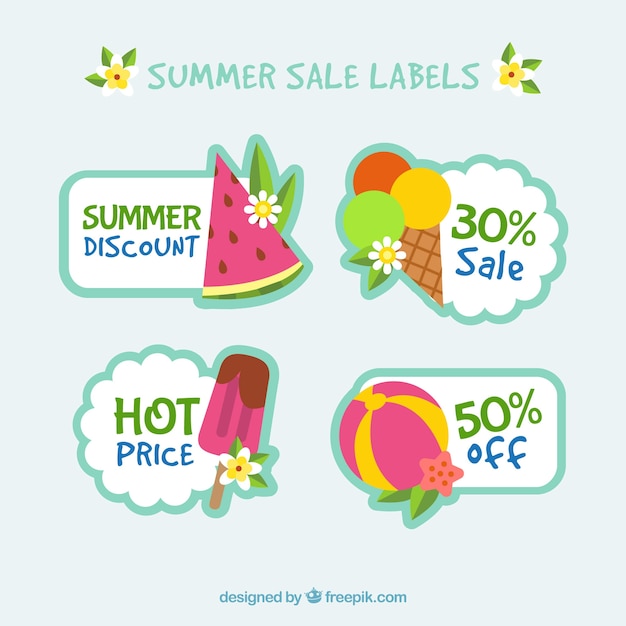 Set of colorful summer labels with beach elements in flat style