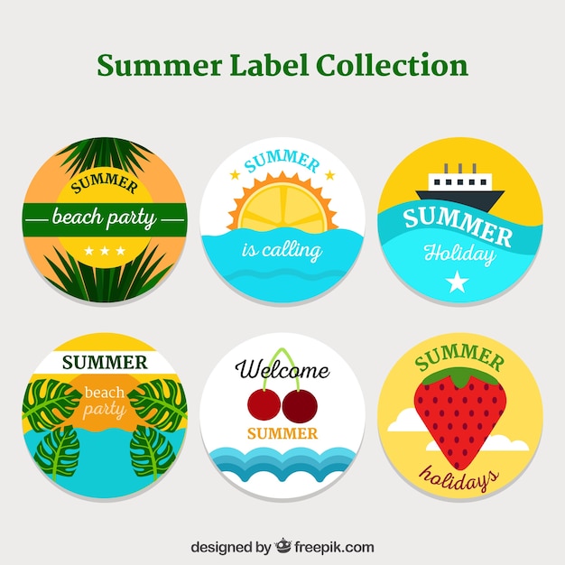 Set of colorful summer labels with beach elements in flat style