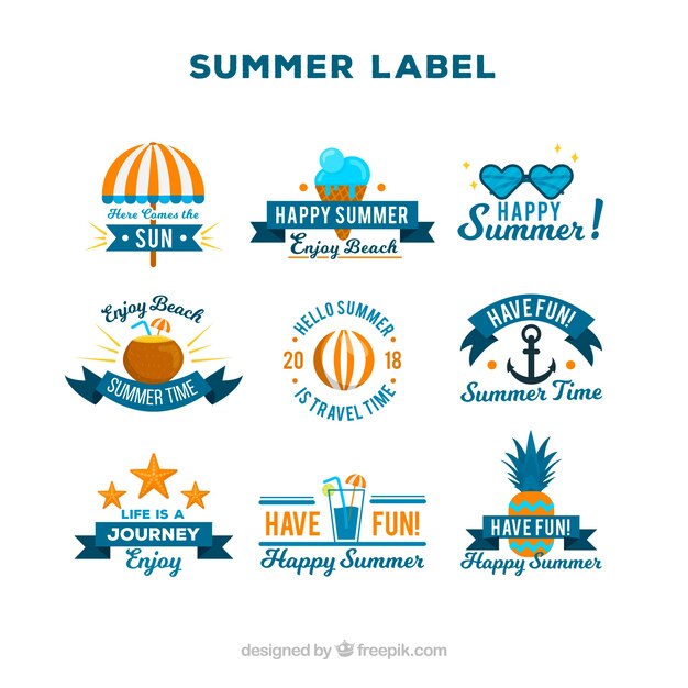 Set of colorful summer labels with beach elements in flat style