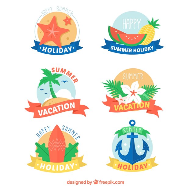 Set of colorful summer labels with beach elements in flat style