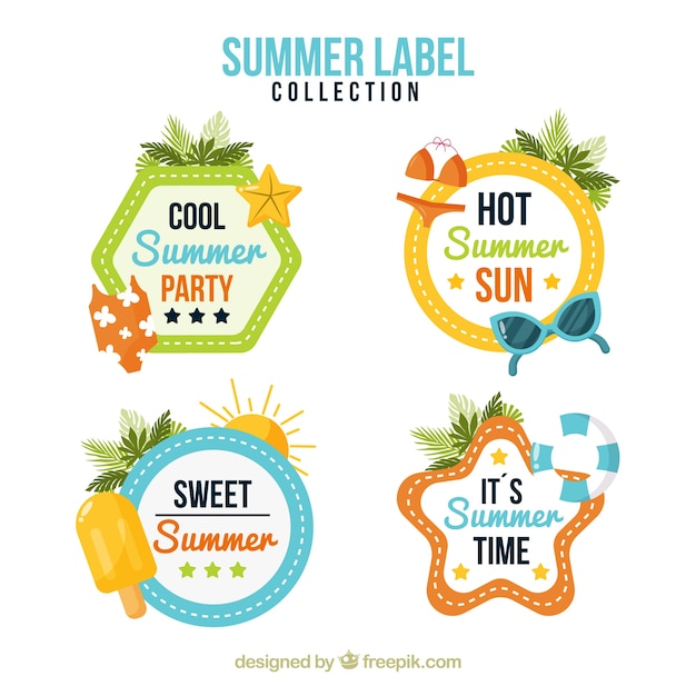 Free Vector set of colorful summer labels with beach elements in flat style