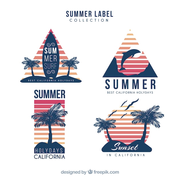 Set of colorful summer labels with beach elements in flat style