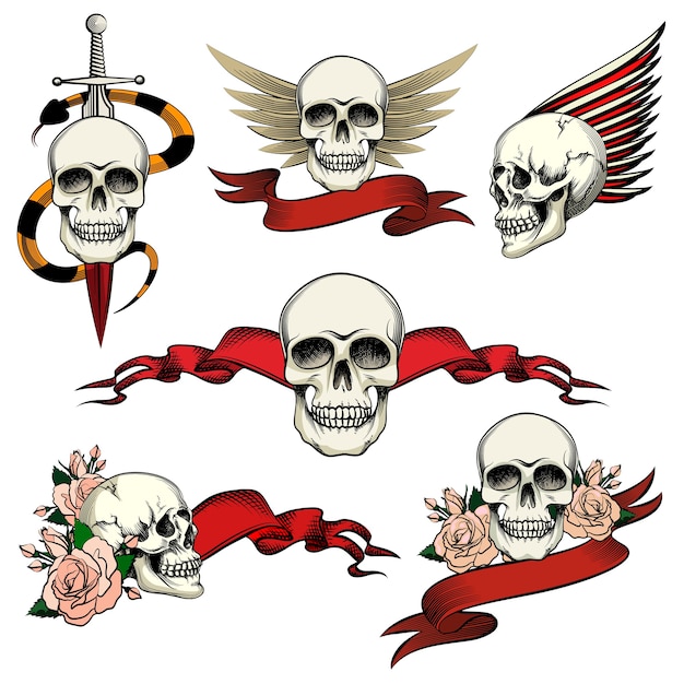 Free Vector set of commemorative skull with roses  blank ribbon banners  wings and a sword an snake to honor and remember the dead   vector drawings on white