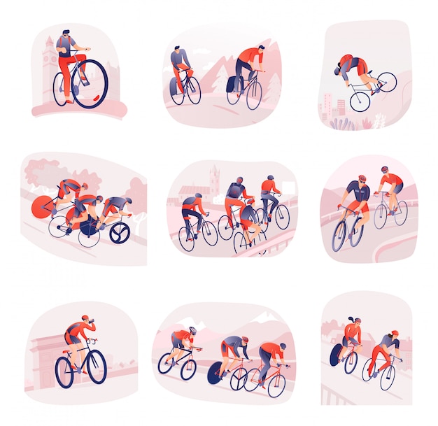 Set of compositions with bicyclists during cycling tour on  of city or nature isolated 