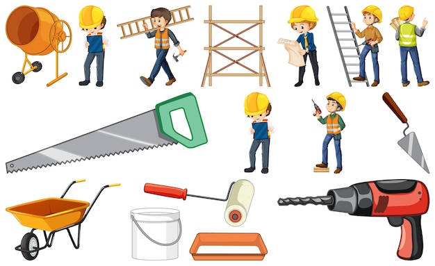 Free vector set of construction site objects and workers