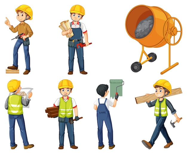 Free vector set of construction site objects and workers