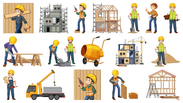 Set of construction site objects and workers