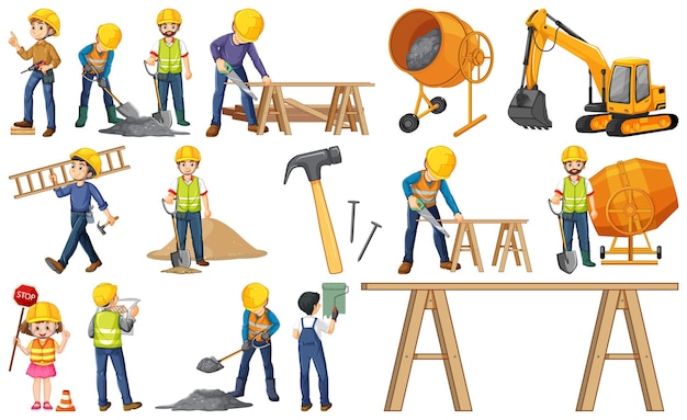 Set of construction site objects and workers