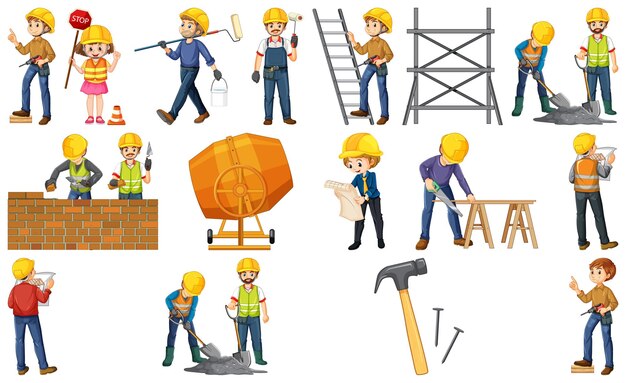 Set of construction site objects and workers