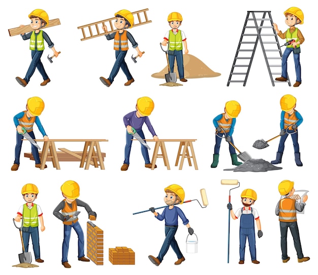 Free vector set of construction site objects and workers